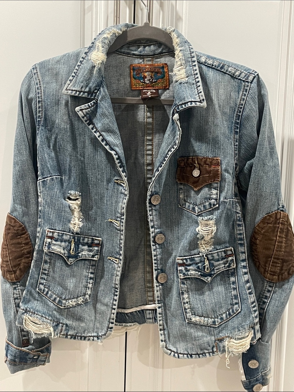 Vintage True Religion Blue Distressed Denim Jacket Brown Corduroy Patches size M